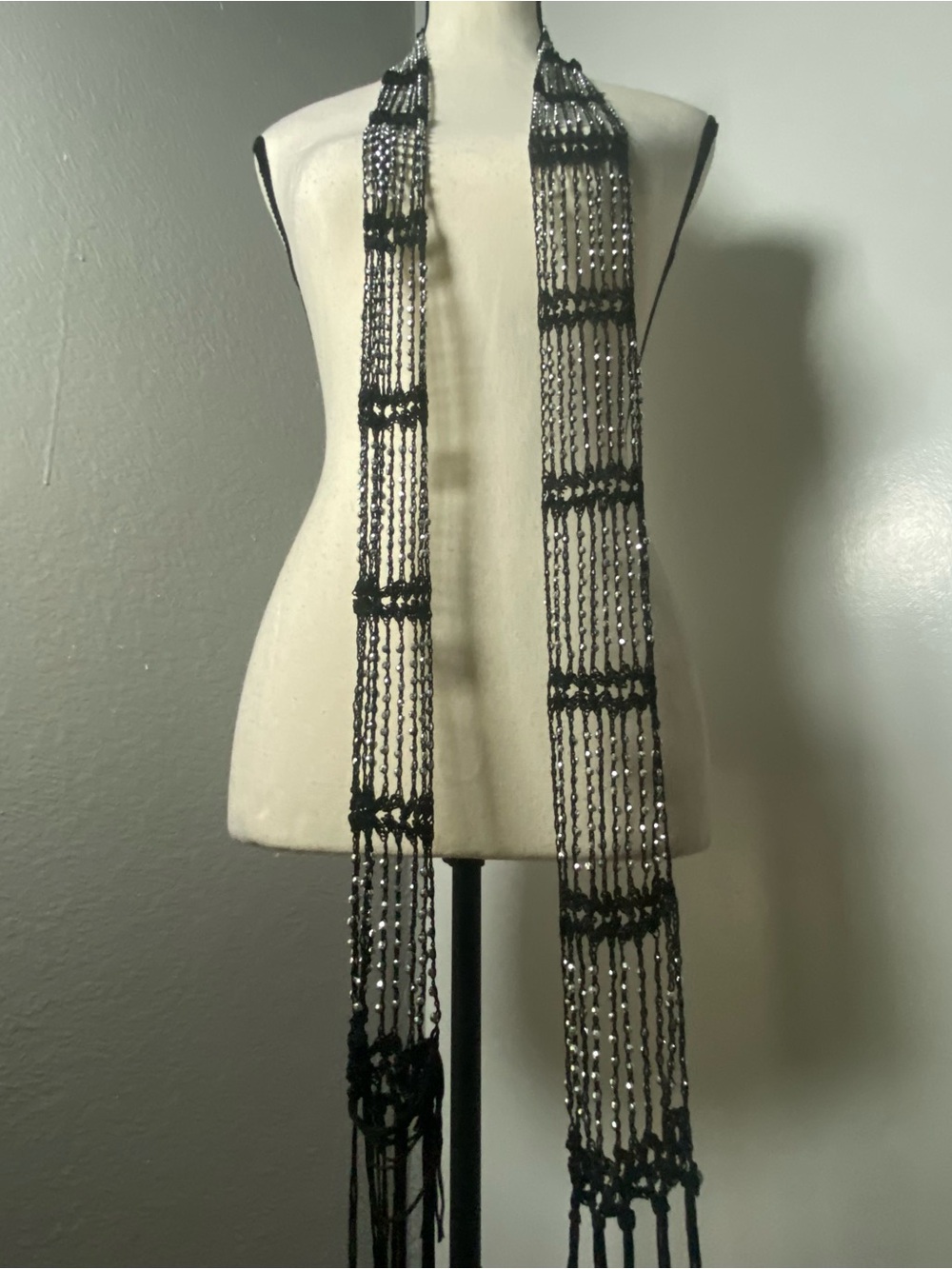 Y2K Black & Silver Beaded Crochet Fringe Skinny Scarf - Picture 2 of 5